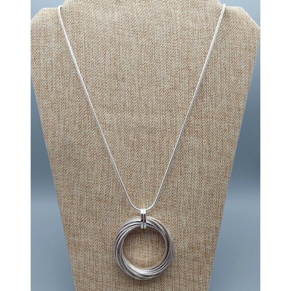 Silver Tone Charter Club Circular Statement Pendant Necklace Long Snake Chain 30 - Picture 8 of 10